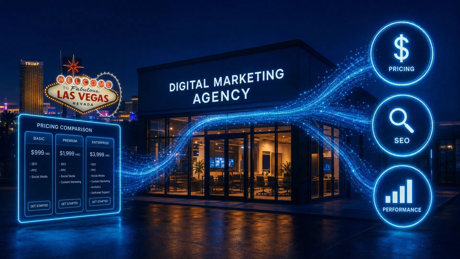 Las Vegas storefront with glowing SEO pricing and analytics icons showing SEO cost in Las Vegas
