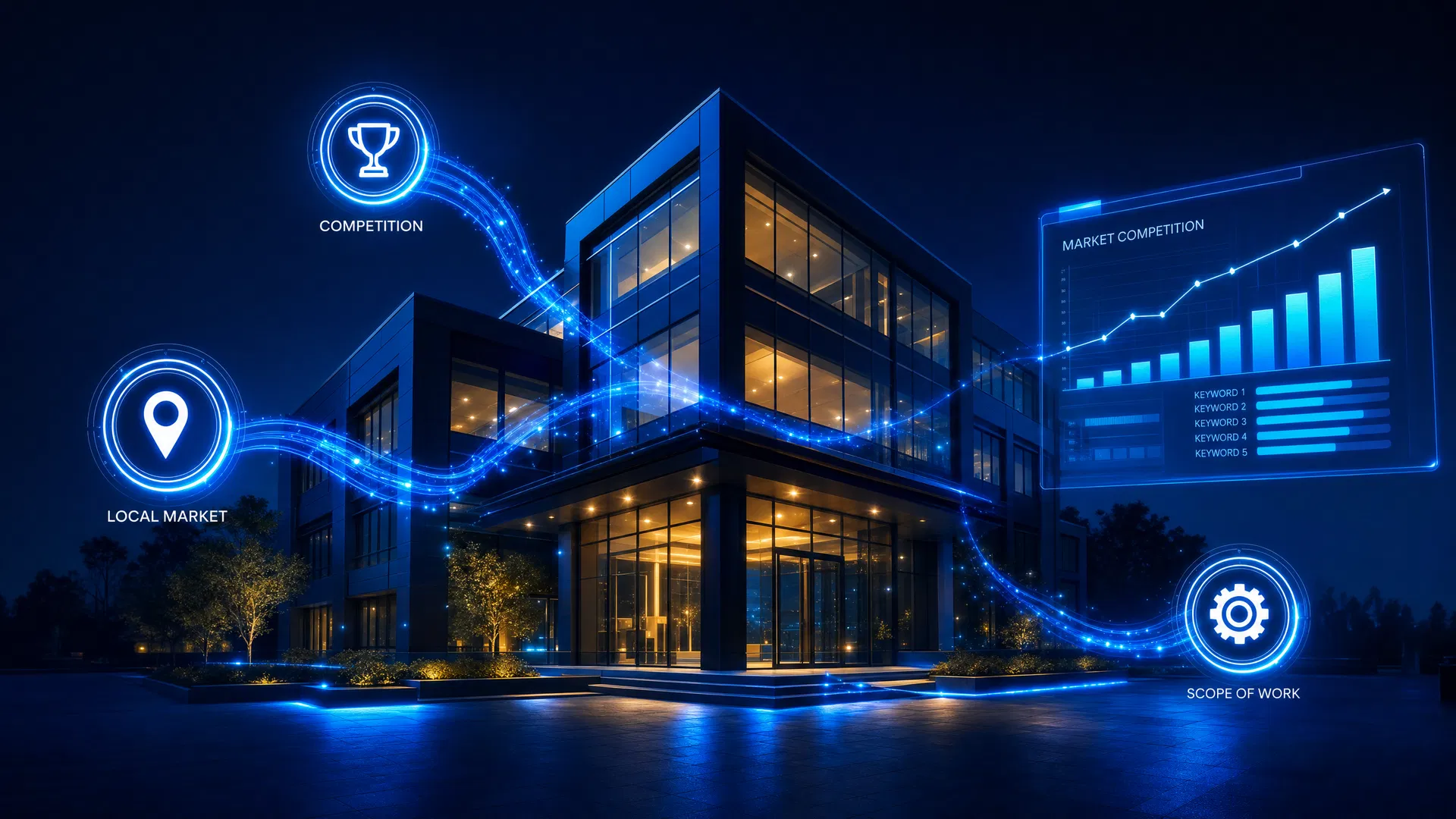 Service business office with glowing icons for competition, keywords, and location affecting SEO pricing