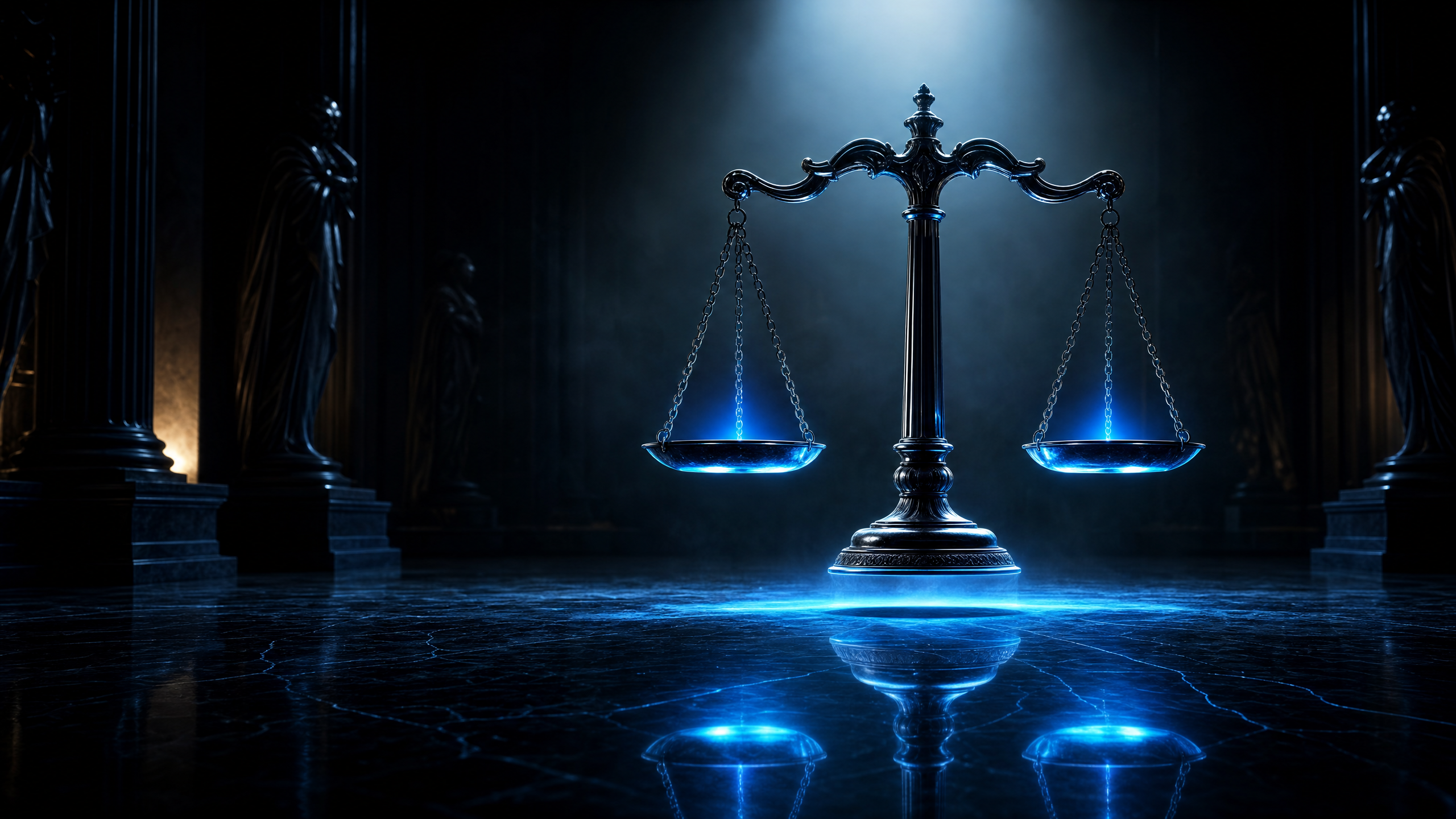 Attorney marketing — scales of justice with blue light, representing law firm lead generation