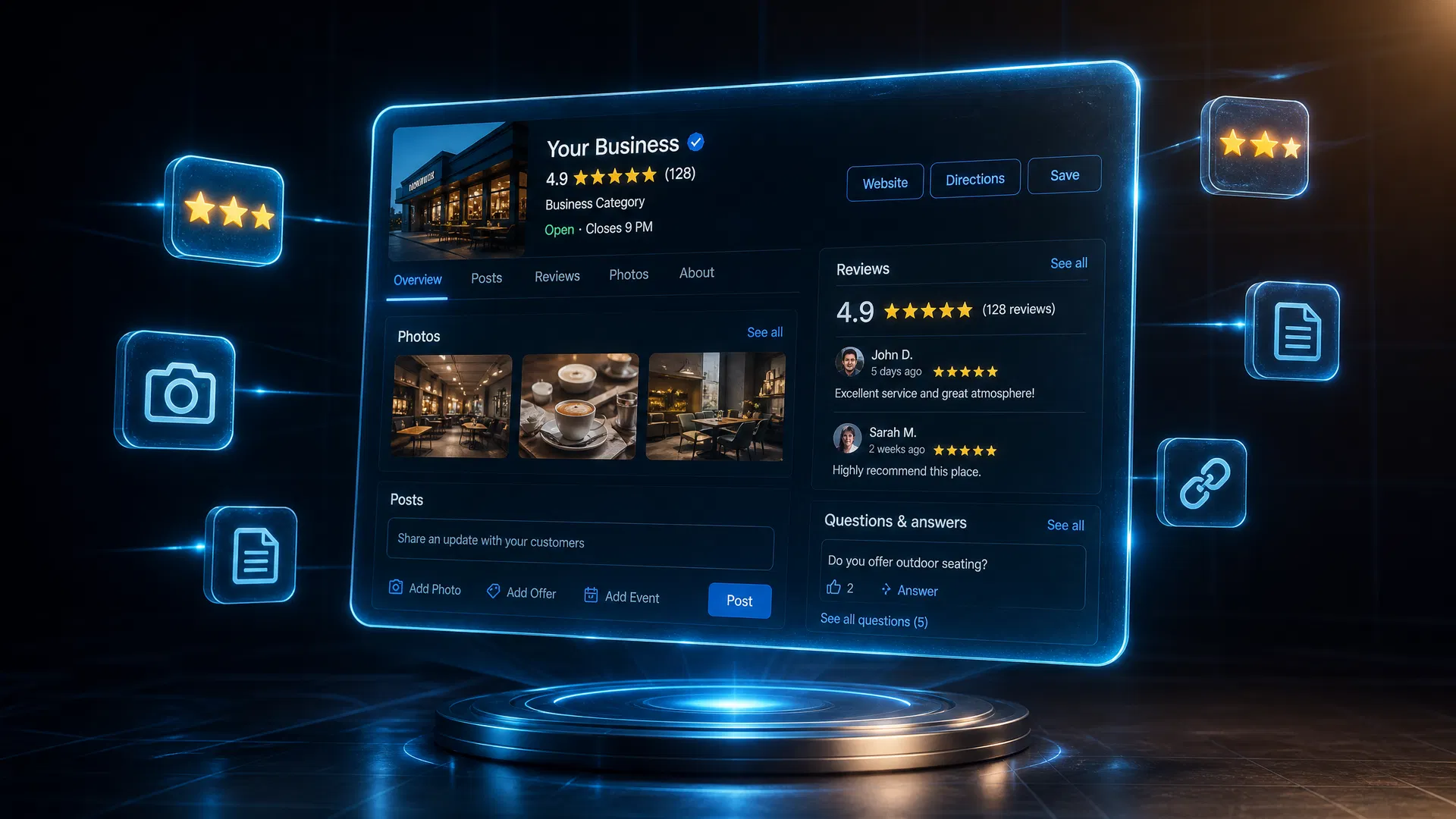 Google Business Profile optimization dashboard showing reviews, photos, posts, and citations