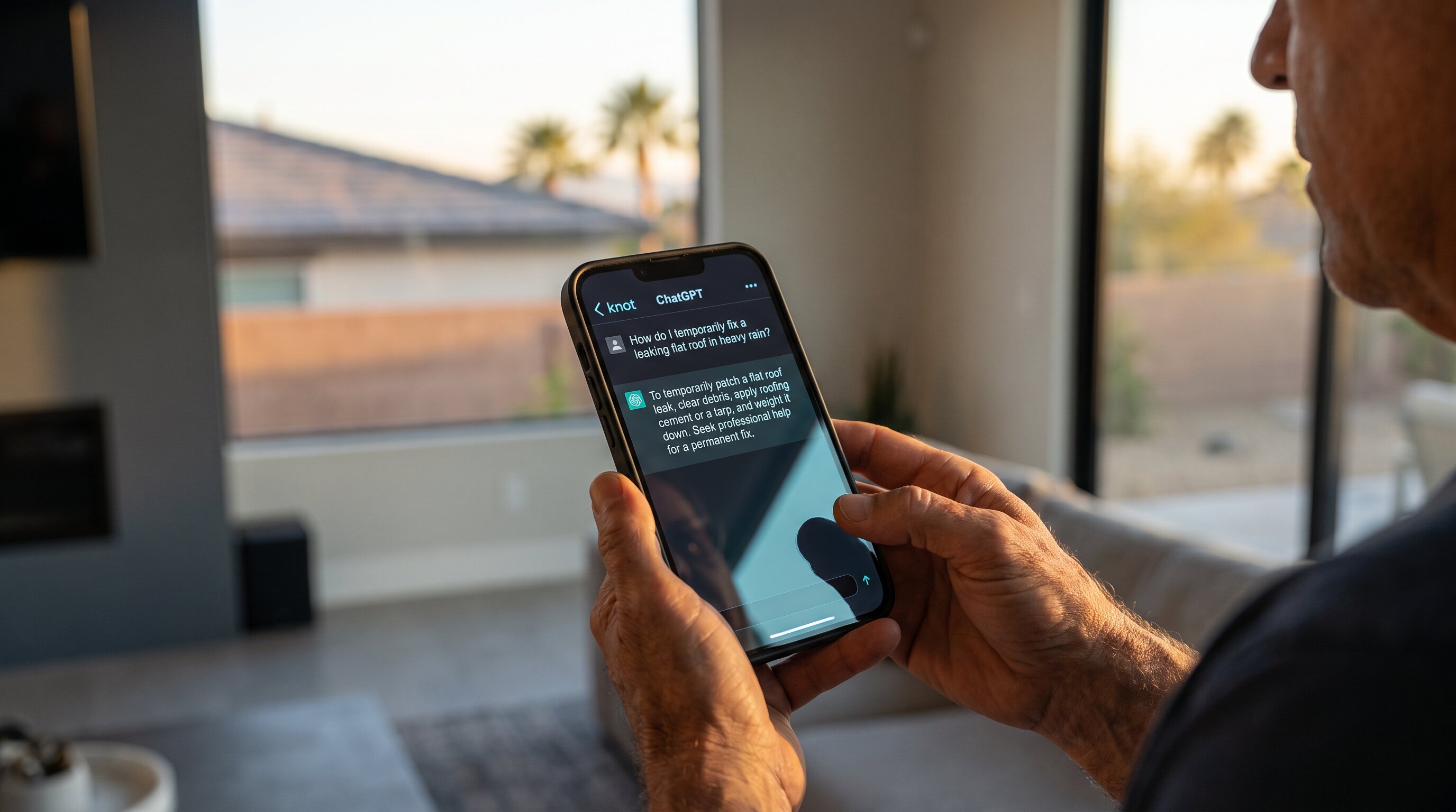 Local homeowner researching roof-repair options in a ChatGPT conversation on a smartphone