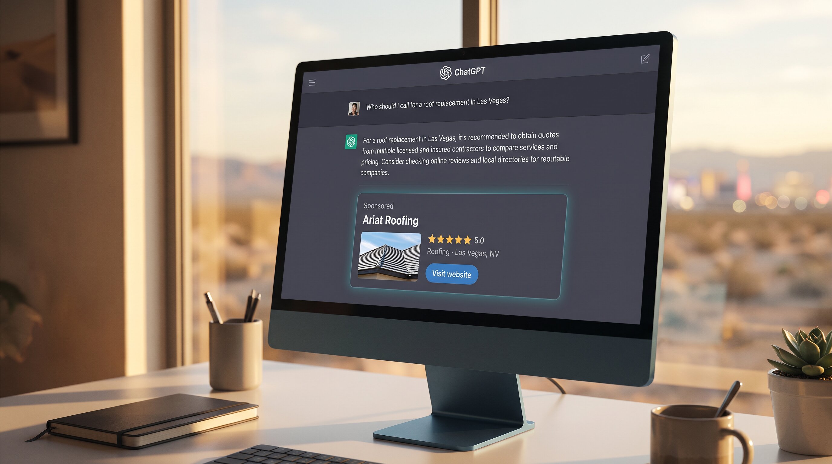 Laptop displaying a ChatGPT roofing search with a clearly labeled Ariat Roofing sponsored placement