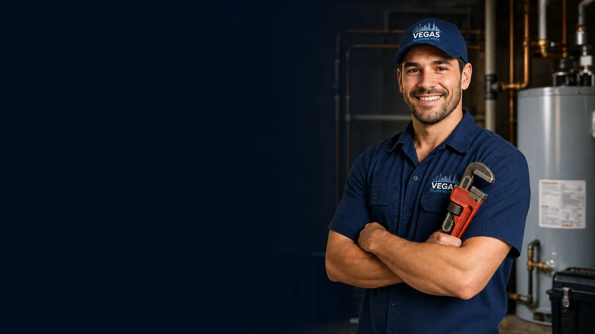 Professional plumber in blue uniform with pipe wrench, ready to help