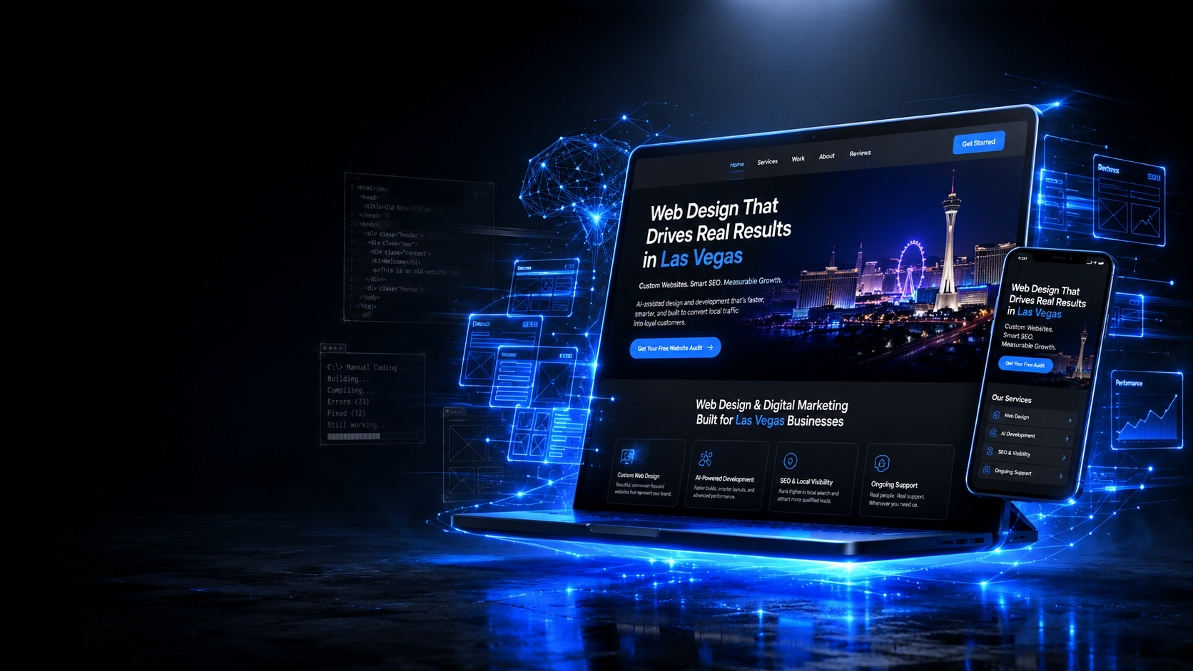 Web design for Las Vegas businesses — responsive websites with Las Vegas skyline, custom design, and smart SEO